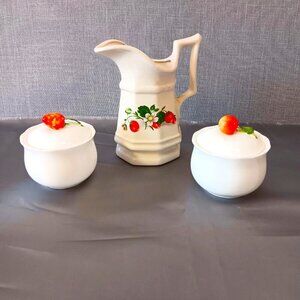 VTG Strawberry Cherry‎ Creamer Sugar Bowl Set  Enesco 1980s 60s Kitchen Decor